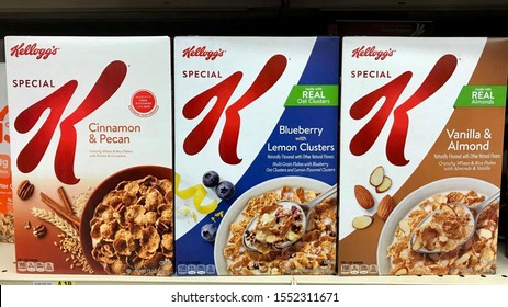 Fargo North Dakota/USA-November 03 ,2019, A Boxes Of Special K Cereal On Shelve At Grocery Store, Special K Cereal Is Kellogg's Company Brand.