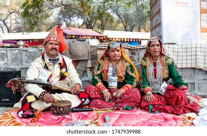 Faridabad, Haryana / India - February 2020 : Portrait Of Indian Couple Artist In Traditional Dress And Colorful Turban Participating In Surajkund Fair