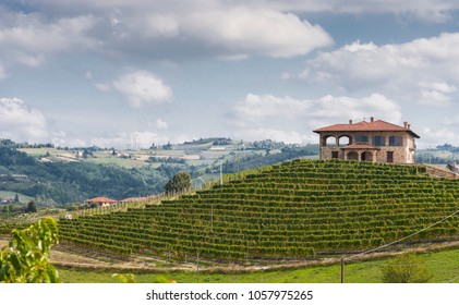 Farigliano, Piedmont, Italy - September 17, 2011: Wine hills, vineyards and a farmhouse in Langhe, the largest wine region in Piedmont (Unesco World Heritage Site).