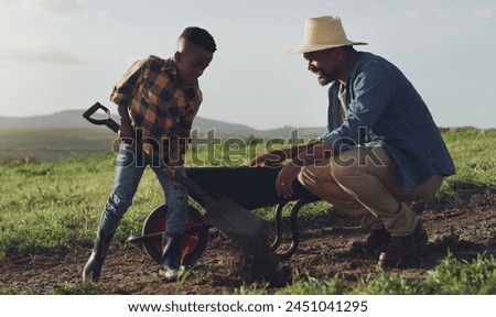Farm, agriculture and father and child help for farming, planting vegetables and dig in soil. Black family, nature and dad with young boy for sustainability, growth and agribusiness in countryside