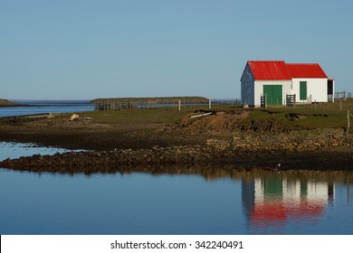 Farm building on the coast of Bleaker Island in the Falkland Islands