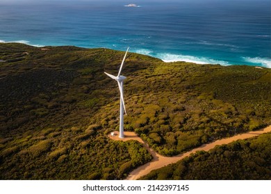 The farm consists of 12 giant wind turbines, each at a height of 100 metres from the base to the tip of the blades. The turbines generate around 75 per cent of clean, green electricity for Albany.
 - Shutterstock ID 2142397145