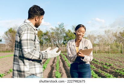 Farm, farmer and woman with clipboard for agriculture, sustainability and organic produce inspection. Farming, small business and health inspector writing health, wheat and agreement check on field - Shutterstock ID 2227982675