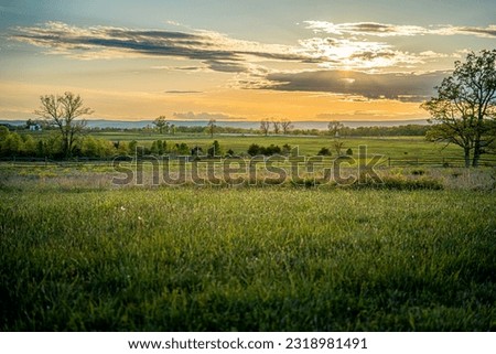 Farm field at sunrise in Gettysburg site of the battle during the civil war.