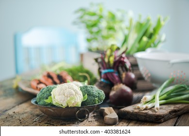 Farm Fresh Vegetables From Local Market In Sunny  Kitchen. Negative Space For Text.