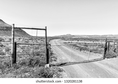 A Farm Gate On Rooibos Heritage Route In The Western Cape Province Of South Africa. Monochrome