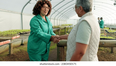 Farm, greenhouse and handshake of people for deal, crm agreement and b2b, partnership or teamwork. Agriculture, happy women at garden shaking hands and greeting, meeting or welcome to small business - Powered by Shutterstock