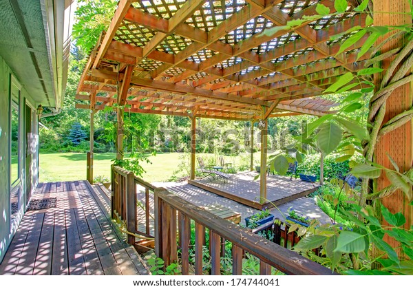Farm House Backyard Deck View Pond Royalty Free Stock Image