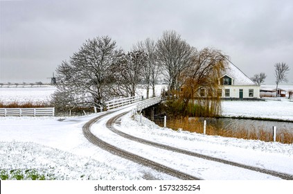 Farm House In Holland On Winter Snow Scene