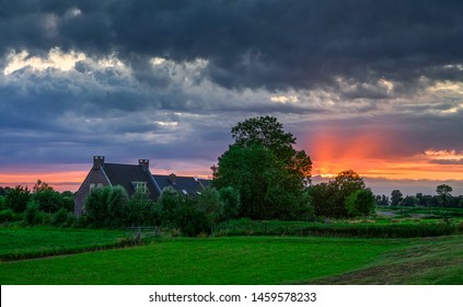 Farm House Sunset Silhouette Landscape. Sunset Farm House View