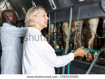 Farm milkmaids man and woman in bathrobe with automatical cow milking machines