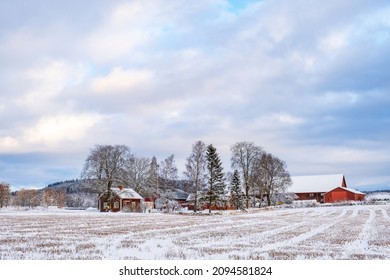 Farm On A Field With Snow And Frost