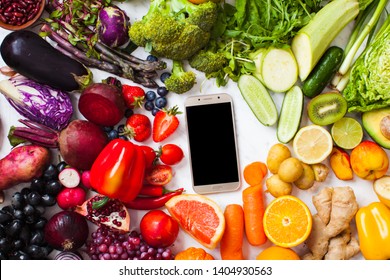 Farm Products, Smartphone With Rainbow Vegan Food, Top View