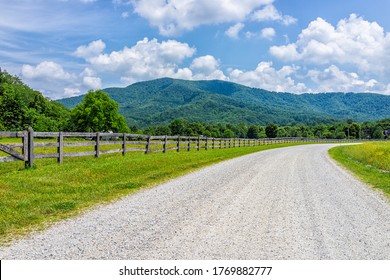 Farm Road Fence Path In Roseland, Virginia Near Blue Ridge Parkway Mountains In Summer With Idyllic Rural Landscape Countryside In Nelson County