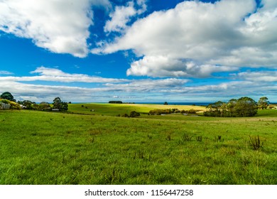 A Farm At Tasmania With Colourful Grass, Sky And Sea Background In Small Aperture And Wide Angle To Show A Peaceful View 