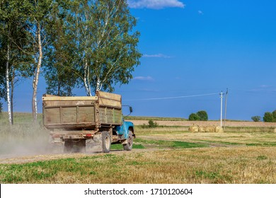 A Farm Truck Is Driving Along A Dirt Road During A Grain Harvest. White Birches Grow Against The Blue Sky With Clouds. Agriculture And Rural Life Concept.