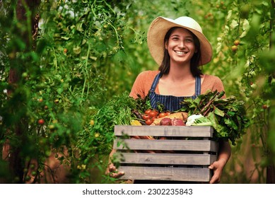 Farmer, agriculture and portrait of woman with box on farm after harvest of summer vegetables. Farming, female person and smile with crate of green product, food and agro in nature for sustainability