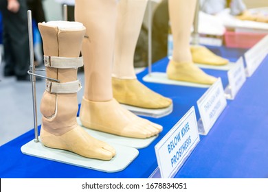 Farmer and below knee prosthesis leg or elbow knee with other type for disabled for walk on stand and place on blue table