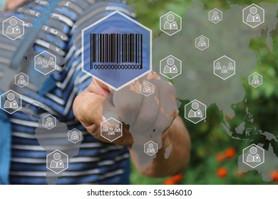 Farmer businessman  clicks barcode product network icon on the touch screen the web network .Tanned hands, male hands of an elderly person .  - Powered by Shutterstock - Get 15% off with code: PIKWIZARD15