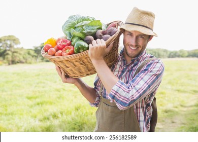 Farmer Carrying Basket Of Veg On A Sunny Day