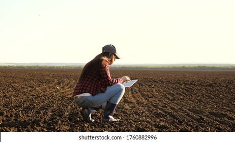 A farmer checks quality of soil before sowing. woman farmer with a tablet in field holds earth in his hands. girl agronomist checks the quality of sowing grain. business woman checks her field