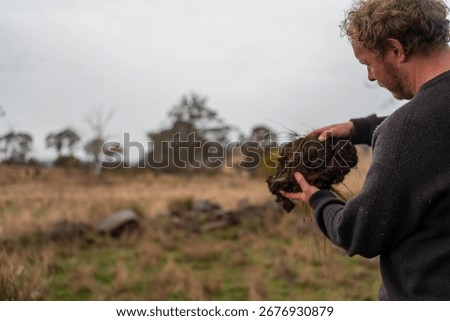 farmer collecting soil samples in a test tube in a field. Agronomist checking soil carbon and plant health on a farm