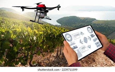 Farmer controls drone sprayer with a tablet. Smart farming and precision agriculture - Shutterstock ID 2239711599