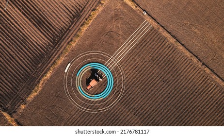 farmer driving tractor corn planting machine in field with graphic, Agricultural technology Concept, high angle drone shots - Shutterstock ID 2176781117