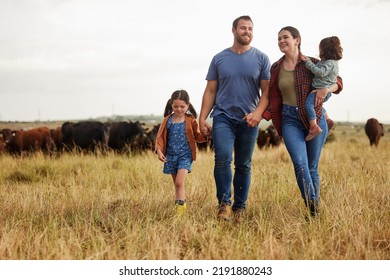 Farmer Family, Cow Farm And Bonding Mother, Father And Children On Environment Or Countryside Sustainability Agriculture Field. Happy People And Kids Walking By Cattle For Meat, Beef Or Food