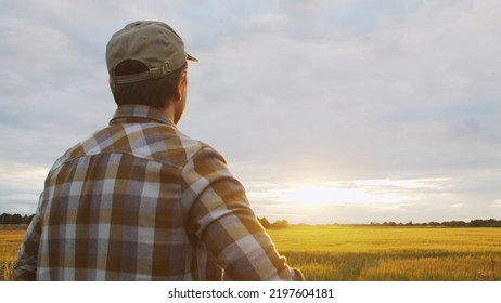 Farmer In Front Of A Sunset Agricultural Landscape. Man In A Countryside Field. Country Life, Food Production, Farming And Country Lifestyle.