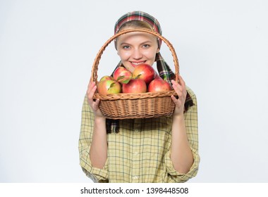 Farmer Gardener Apple Harvest. Girl Gardener Rustic Style Hold Apple White Background. Health Care And Vitamin Nutrition. Perfect Apple. Grocery Store. Start Apple Diet. Woman Likes Natural Fruits.