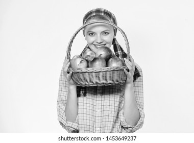 Farmer Gardener Apple Harvest. Girl Gardener Rustic Style Hold Apple White Background. Health Care And Vitamin Nutrition. Perfect Apple. Grocery Store. Start Apple Diet. Woman Likes Natural Fruits.