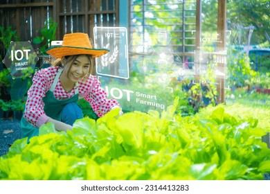 Farmer girl embraces the use of technology in smart farming practices to enhance productivity and efficiency in agricultural operations, Smart fram, IOT. - Shutterstock ID 2314413283