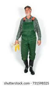 Farmer With Green Dungarees And Black Rubber Boots Stands In Front Of A White Wall And Holds In His Hand Two Corn Cobs.