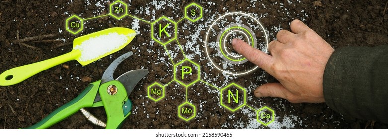 Farmer hand touch Green technologies agriculture digital mineral nutrients icon. Potassium nitrogen Organic fertilizers, garden tools soil. Smart Solve Fertilizer Crisis. Top view Future agriculture