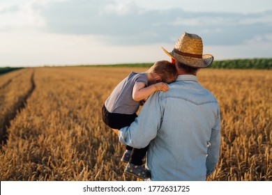 Farmer And His Grandson Walking Fields Of Wheat