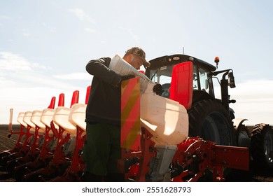 Farmer loading seed to seeding machine
