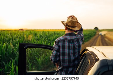 Farmer looks at his corn field one more time before going in a car - Powered by Shutterstock