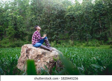 Farmer Male Sitting Praying Corn Field Stock Photo 1820445236 