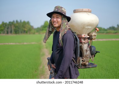 Farmer man wears hat and fertilizer spreader machine at green rice farm with sun light.