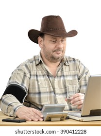 Farmer Measures Blood Pressure By Himself During Virtual Doctor Visit. Cowboy Has A Telemedicine Consultation Service. Vertical Shot.