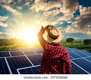 Farmer Over Solar Energy  Photovoltaic Plant. Solar Farm At Sunset.