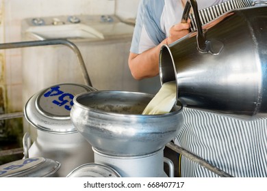 Farmer Pouring Raw Milk Into Container Stock Photo 1092885464 ...