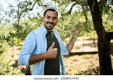 Farmer showing thumbs up while holding a branch full of olives in an olive tree grove. He is smiling and wearing a hat and casual clothing - Powered by Shutterstock