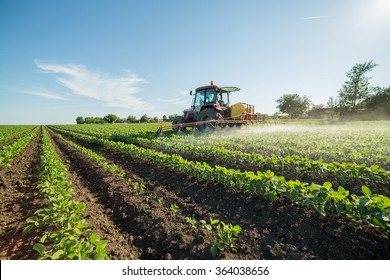 Farmer spraying soybean field with pesticides and herbicides