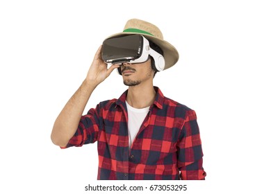 Farmer using VR virtual reality glasses simulator isolated in white background