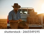 Farmer using work gloves while stacking hay bales in pick-up truck at sunset. Copy space.