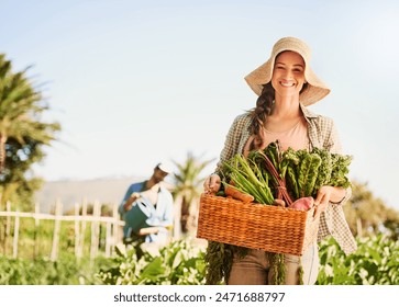 Farmer, woman and basket of vegetables or produce, market and supplier for organic food. Agriculture, soil and portrait of female person in garden or farm, plantation and nutrition in countryside - Powered by Shutterstock