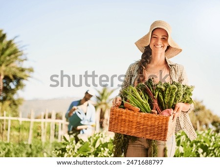 Farmer, woman and basket of vegetables or produce, market and supplier for organic food. Agriculture, soil and portrait of female person in garden or farm, plantation and nutrition in countryside
