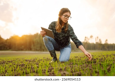 Farmer woman in boots checks the quality of the soil before sowing in her hands with a digital tablet. Woman agronomist in a field of young sprouts. Concept of gardening, ecology, tegnology.  - Powered by Shutterstock